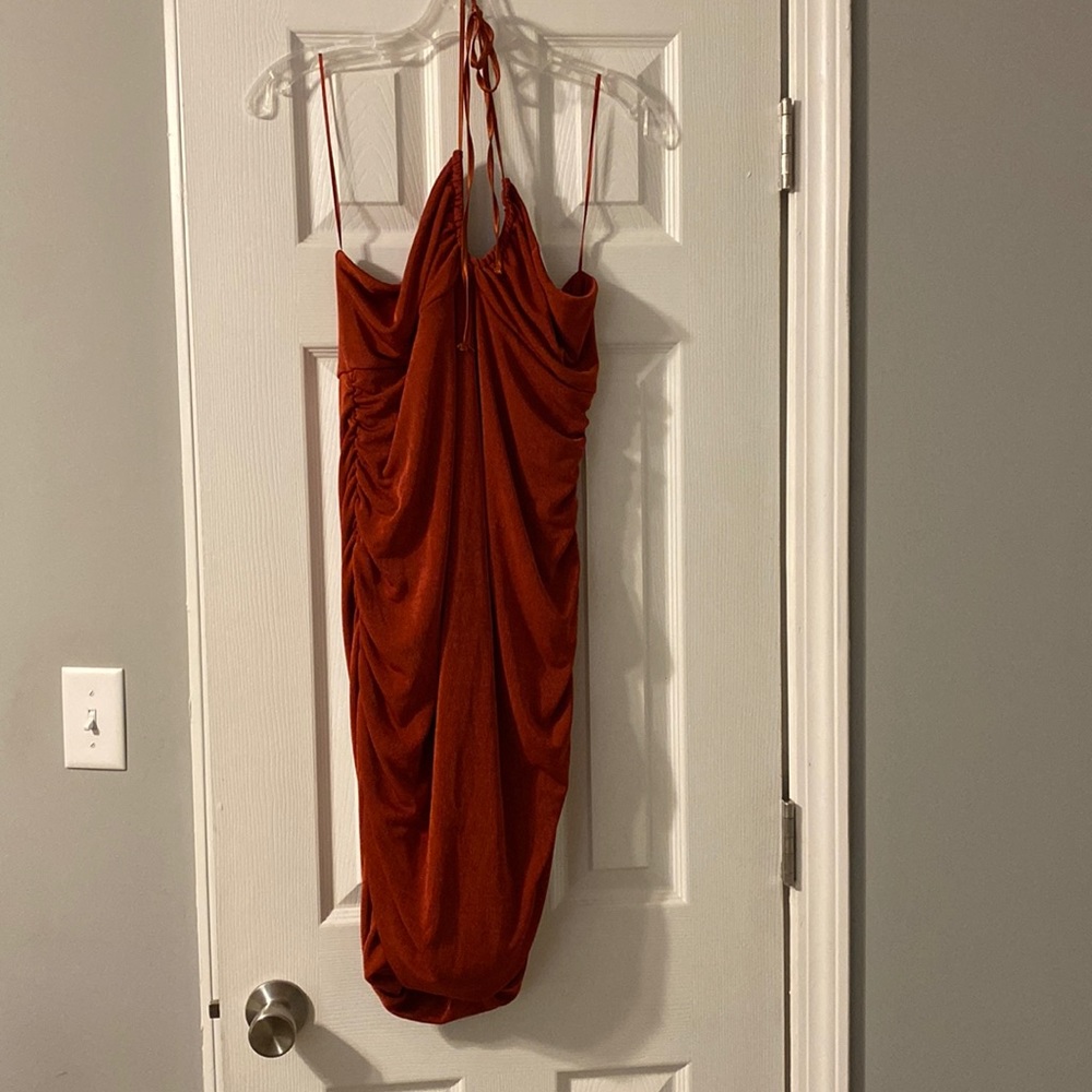 Halter top style dress, knee length, side rouching